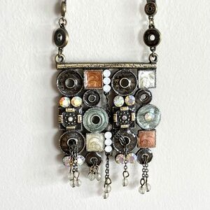 Modernist Style Brass Necklace with Enamel and Rhinestones